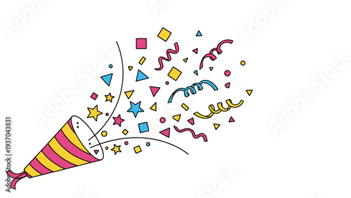 Joyful celebration party popper with stripes exploding into a spray of stars and multi-colored confetti captures a festive atmosphere.