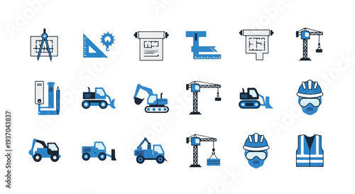 A vector illustration depicting various construction and engineering icons, including tools, heavy machinery, architectural plans, and safety equipment.
