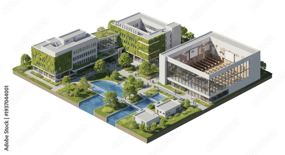 Obraz premium Modern Green Architecture Campus with Water Features and Lush Vegetation