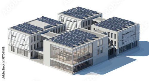Modern Office Building with Solar Panels on Roof, Eco-Friendly Architecture
