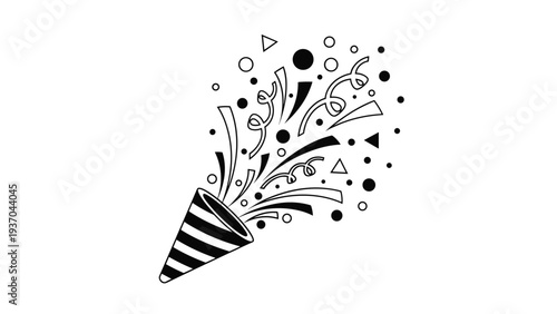 Black and white striped confetti popper exploding with various shapes and ribbons, providing a classic festive graphic.