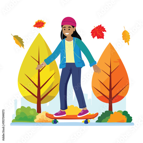 Woman skateboarding in autumn park with colorful trees and foliage