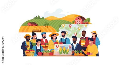 Sustainable Agriculture and Food Supply Chain: Diverse Farmers, Fresh Produce, and Farm-to-Market Distribution Map Illustration.