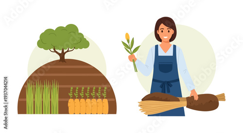 Happy Female Farmer Harvesting Crops: Sustainable Agriculture Illustration with Carrots, Root Vegetables, and Field Environment.