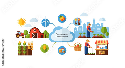 Smart Farming and Agriculture Technology Cloud Platform. Precision Agribusiness Data Network Illustration.