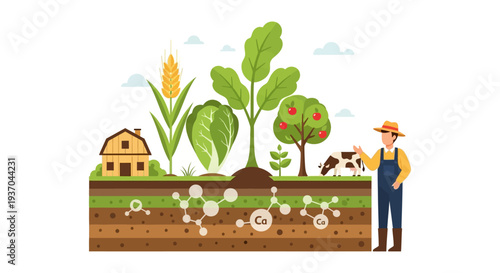 Calcium (Ca) Absorption in Soil Cross-Section. Agricultural Science Diagram of Essential Mineral Nutrients for Crop Growth and Farming Sustainability.