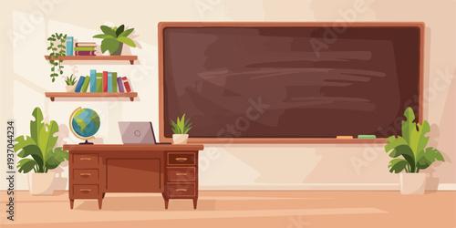 Minimalist hand drawn line art vector of a cozy classroom interior with chalkboard teacher desk and indoor plants.