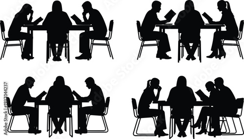 Business meeting silhouettes, team discussion around table reading documents, corporate teamwork brainstorming office people collaboration concept isolated vector illustration set