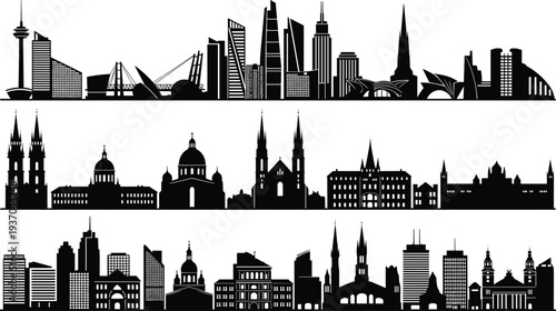 Silhouette collection of city skylines, diverse architecture, urban landmark illustration, black vector design, cultural identity, skyline comparison element