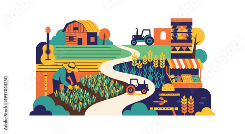 Modern Farming and Harvest Landscape Illustration. Farmer working in rural agricultural field with tractors, barn, and fresh produce market stand.