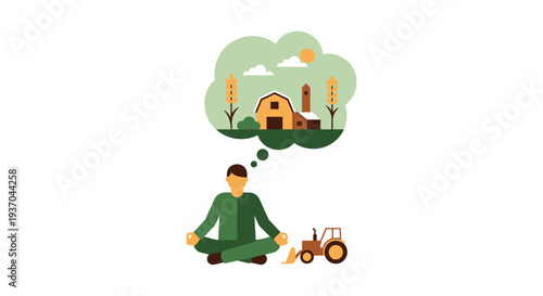 Farmer Meditating on Farming Dreams and Future Agriculture Vision. Flat Vector Illustration of Work-Life Balance, Rural Planning, and Sustainable Living Goals.