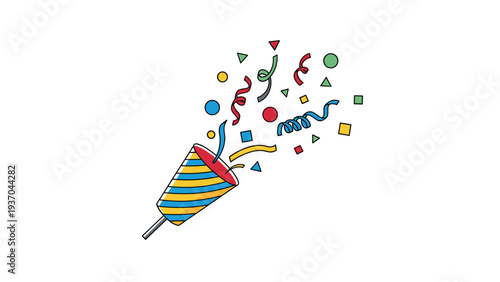 Colorful striped party popper bursting with festive shapes like circles, triangles, and curly streamers in the air.