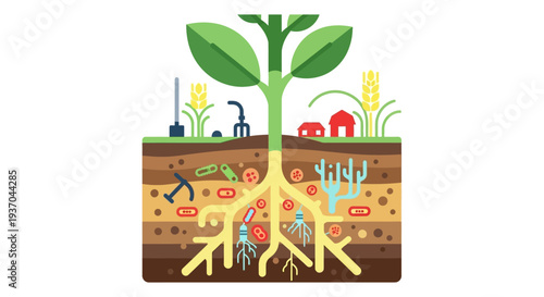Soil Cross Section Diagram: Plant Roots, Microorganisms, Fungi, and Bacteria in the Agricultural Ecosystem.