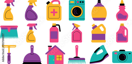 Colorful household cleaning icons vector set featuring detergents, spray bottles, washing machine, mop, iron, and home care tools