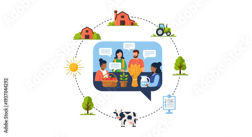 Farm-to-Table Ecosystem: Farmers discussing agriculture, supply chain management, crops, and livestock production in a circular flat vector diagram.