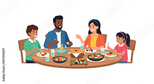 Happy Diverse Family Sharing a Meal: Parents and Kids Eating Dinner Together at Dining Table, Multicultural Home Life Vector Illustration