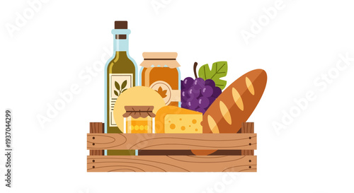 Flat Vector Illustration of Gourmet Food Crate: Olive Oil, Honey, Cheese, Bread, and Grapes.