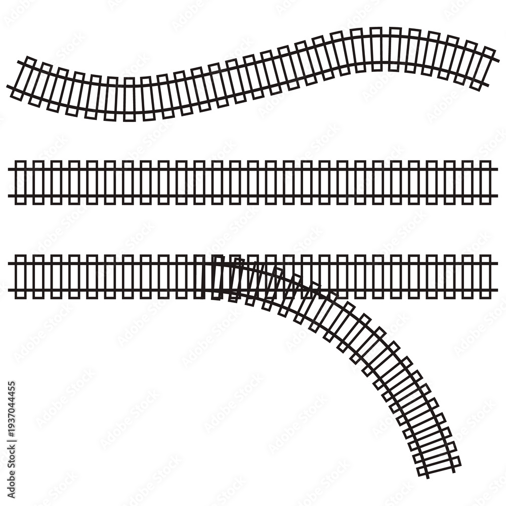 Fototapeta premium Thin line railway track icon set, curved and straight railroad rails, minimal transport vector