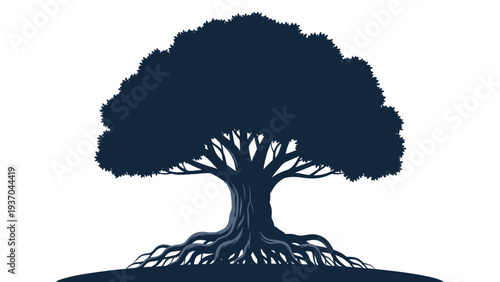 Dark silhouette of a large majestic tree with an extensive root system, symbolizing strength and stability.