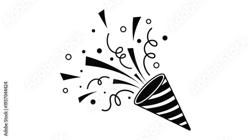 Simple black outline of a party popper with a burst of shapes and ribbons, providing a clean festive icon.