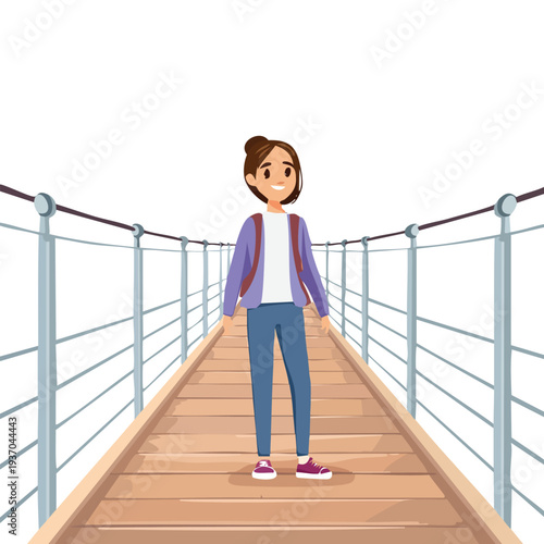 Woman standing on suspension bridge cartoon illustration