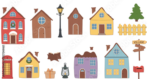 Cute village houses vector set with colorful cottages, street lamp, fence, mailbox and trees, charming small town buildings collection for neighborhood maps, storybook illustrations and design