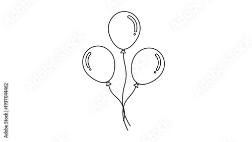 Minimalist black outline of three balloons on long strings, suitable for birthday and event related illustrations.