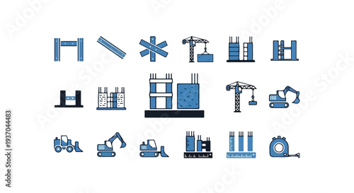 A collection of blue-themed line art icons representing construction elements, heavy machinery, and measurement tools for building projects.