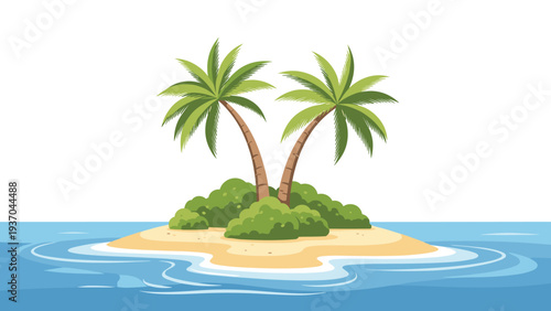 Idyllic tropical island with two palm trees on a small sandbank surrounded by calm blue ocean water and gentle waves.