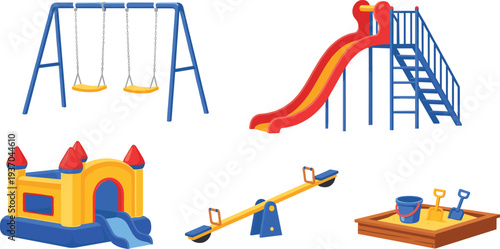 Children playground equipment vector set with swing, slide, seesaw, sandbox and inflatable bouncy castle, colorful outdoor play park elements collection for kids recreation and amusement design