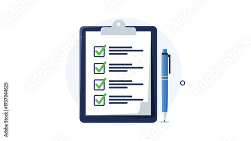 Professional clipboard with green check marks on a list and a blue pen signifying task completion and organized productivity.
