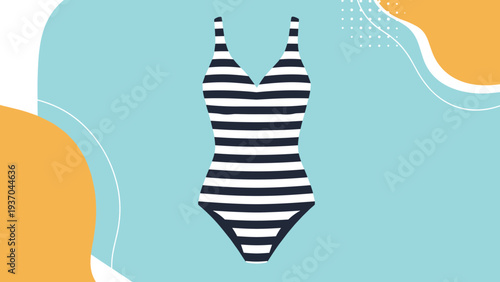 Black and white striped one-piece swimsuit displayed against a modern teal and orange abstract background for summer fashion.