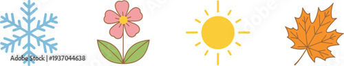 Simple vector graphic illustration depicting the four distinct seasons using universally recognized natural symbols for educational concepts.