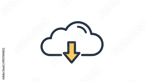 Cloud computing icon with a yellow download arrow pointing down symbolizing data storage and file transfer on a white background.