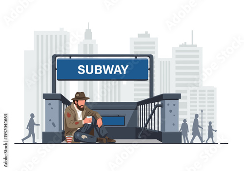 Detailed vector illustration of a homeless person begging at a subway entrance in an urban city, highlighting social issues