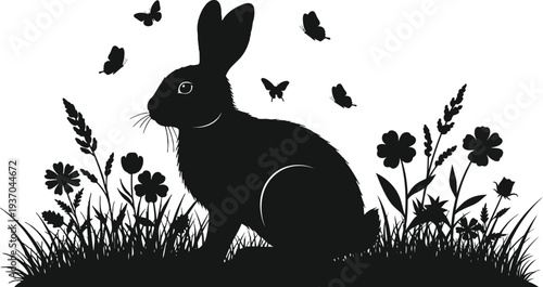 Striking black and white vector graphic illustration featuring a detailed silhouette of a rabbit sitting among meadow flowers and fluttering butterflies