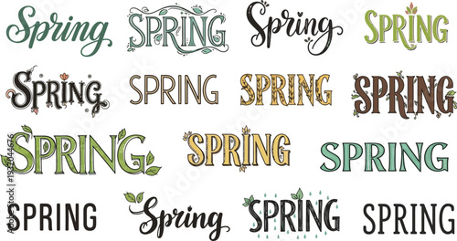 A diverse collection of stylized vector graphic illustrations showcasing the word "Spring" in multiple decorative fonts and unique lettering styles, ideal for seasonal design projects.