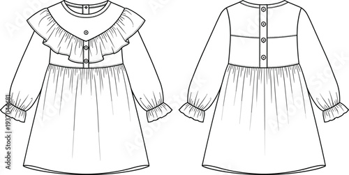 Girls vintage dress line art vector illustration with front and back views, elegant long sleeve ruffle collar clothing design template for fashion sketch, sewing pattern and apparel design
