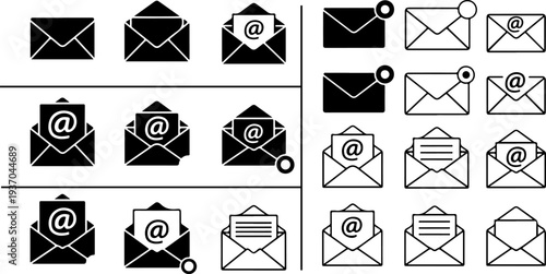  Email icon vector set featuring envelope, notification and at symbol elements. Communication icons ideal for messaging apps, contact interfaces and email marketing design eps