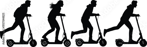 Electric scooter rider silhouettes set, people riding kick scooter urban micro mobility transport eco friendly city commute vector illustration collection