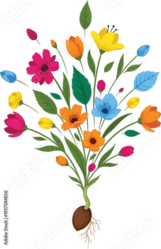 Vibrant vector illustration depicting a colorful bouquet of spring blossoms emerging dynamically from a single sprouting seed pod below