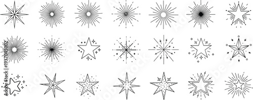 Decorative starburst and sparkle star vector set with hand drawn shining stars, radiant sunburst shapes and glitter effects for festive decorations, retro badges and magical design elements