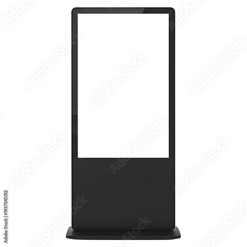 A tall black digital display stand with a blank white screen, ideal for customizable content and modern advertising