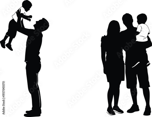 Silhouette of family bonding, father with children, parenting love care, black vector illustration, lifestyle design, relationship icon element
