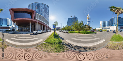 360 hdri seamless panorama on pedestrian path among the skyscrapers under construction in sunny morning in big city in equirectangular spherical projection, ready AR VR virtual reality content