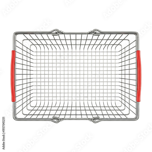 Empty metal wire shopping basket with red handles top view for grocery store supermarket realistic vector illustration