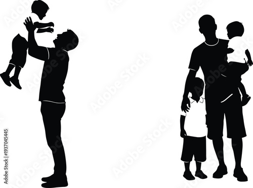 Silhouette of father with children, family bonding, parenting illustration, black vector design, love care relationship, childhood lifestyle element