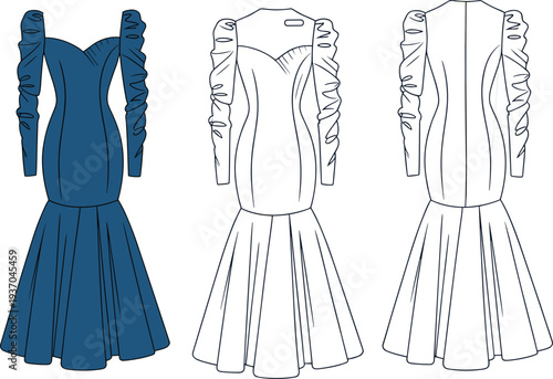 Blue and white dress with twisted sleeves and flared skirt in three views blue dress