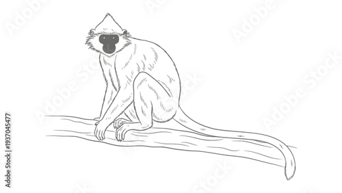 Langur Monkey in a Tree: A detailed sketch of a langur monkey perched on a tree branch, it's gaze fixed forward, set against a pristine backdrop.