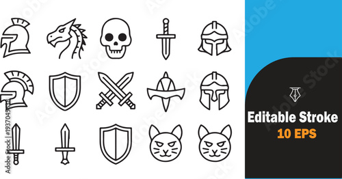 Set of editable stroke icons featuring fantasy medieval and animal symbols isolated transparent background